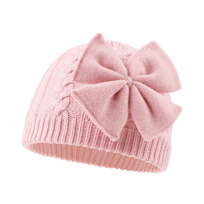 JANGANNSA Winter Warm Knitted Baby Hat for Girls Cotton Lined Infant Toddler Hat Autumn Cute Bow Classic Girls Beanie 0-6Y(L,Pink) - Image 1